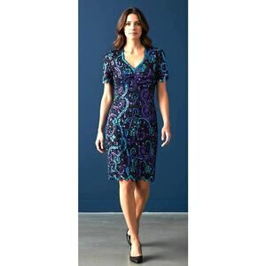 Vintage Night Vogue Sequin Beaded Dress Blue Purple Cocktail 1980s Size M SILK